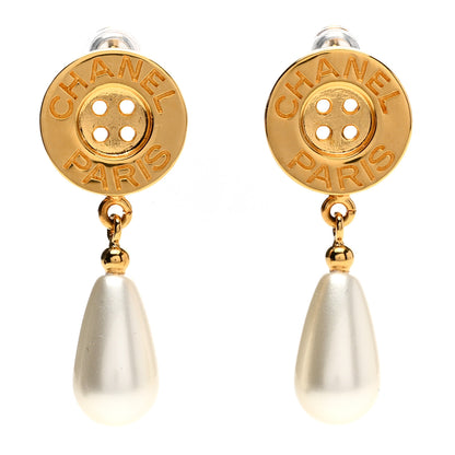 Chanel Metal Pearl Paris Button Drop Earrings Gold 1 of 4