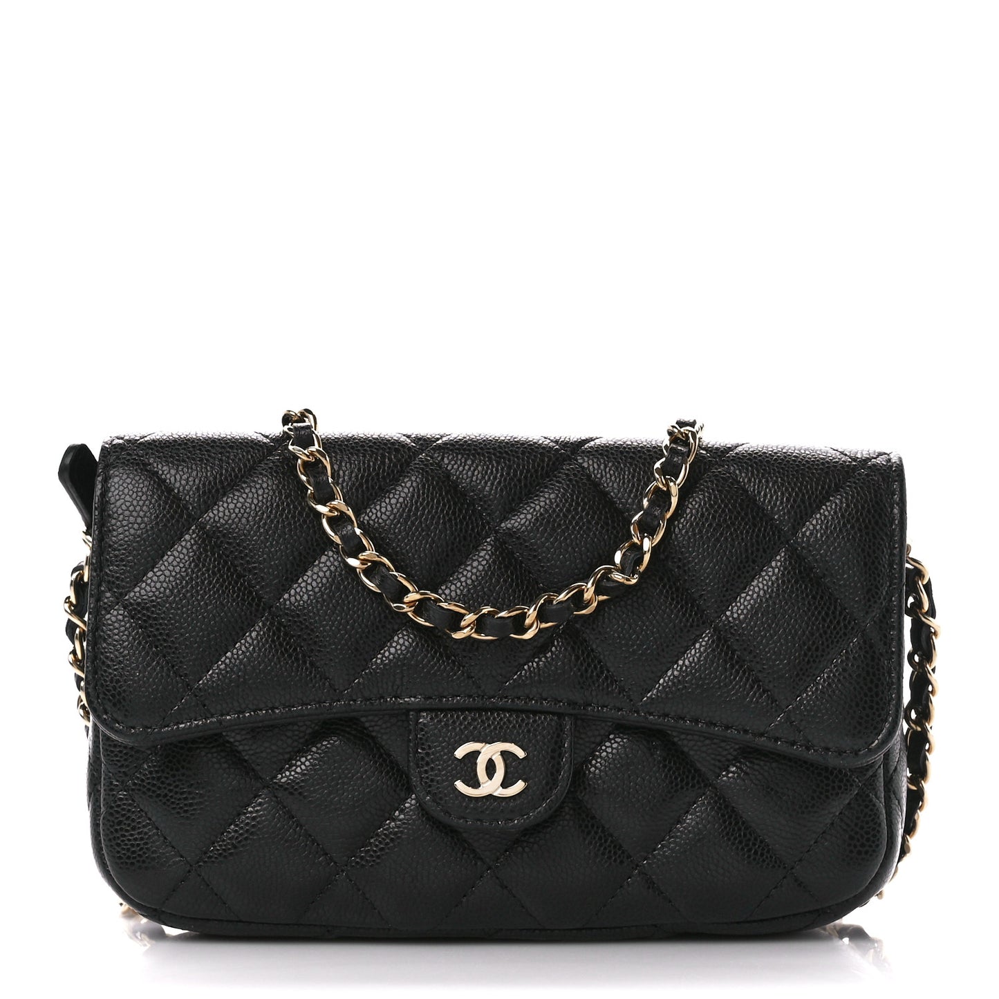 Caviar Quilted Flap Phone Holder With Chain Black