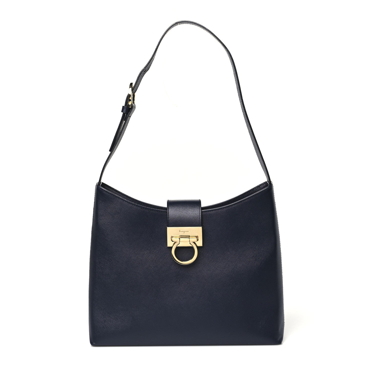 Salvatore Ferragamo Hammered Calfskin Trifolio Shoulder Bag Navy 1 of 9