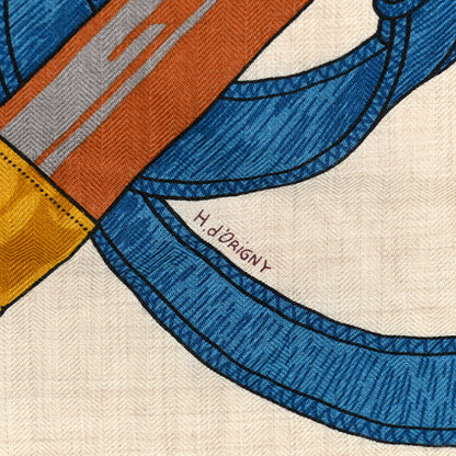 Hermes Cashmere Silk Eperon D'Or Shawl 140 Bleu Cobalt Naturel Vieil Or 6 of 6