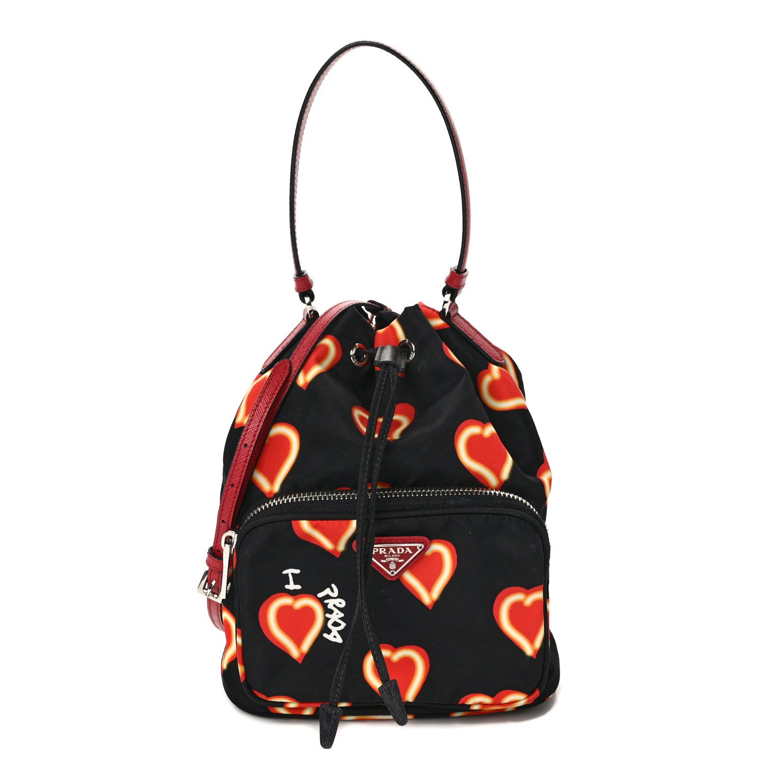 Prada Nylon Saffiano Heart Print Bucket Crossbody Bag Black Fuoco 1 of 7