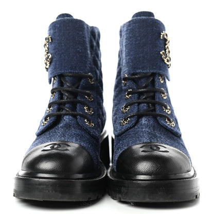 Chanel Shiny Calfskin Velvet Quilted Lace Up Combat Boots 39 Blue Black 2 of 11