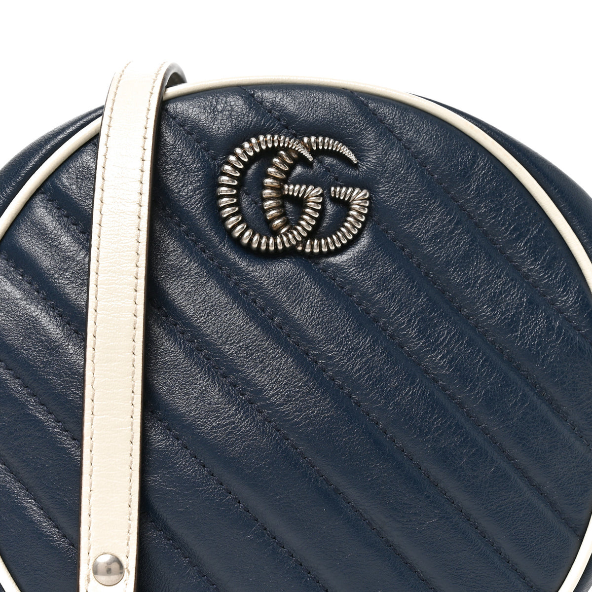 Azalea Calfskin Matelasse Diagonal Mini Torchon GG Marmont Round Shoulder Bag Blue Agata Mystic White