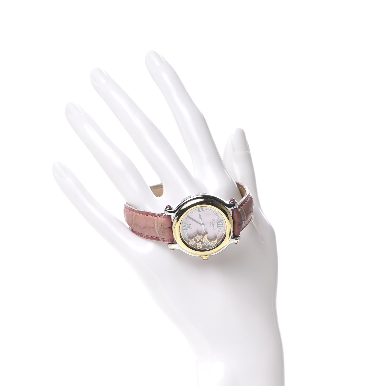 Chopard Stainless Steel 18K Yellow Gold Alligator Diamond Pink Mother of Pearl 33mm Happy Sport Moon Star Quartz Watch 2 of 9