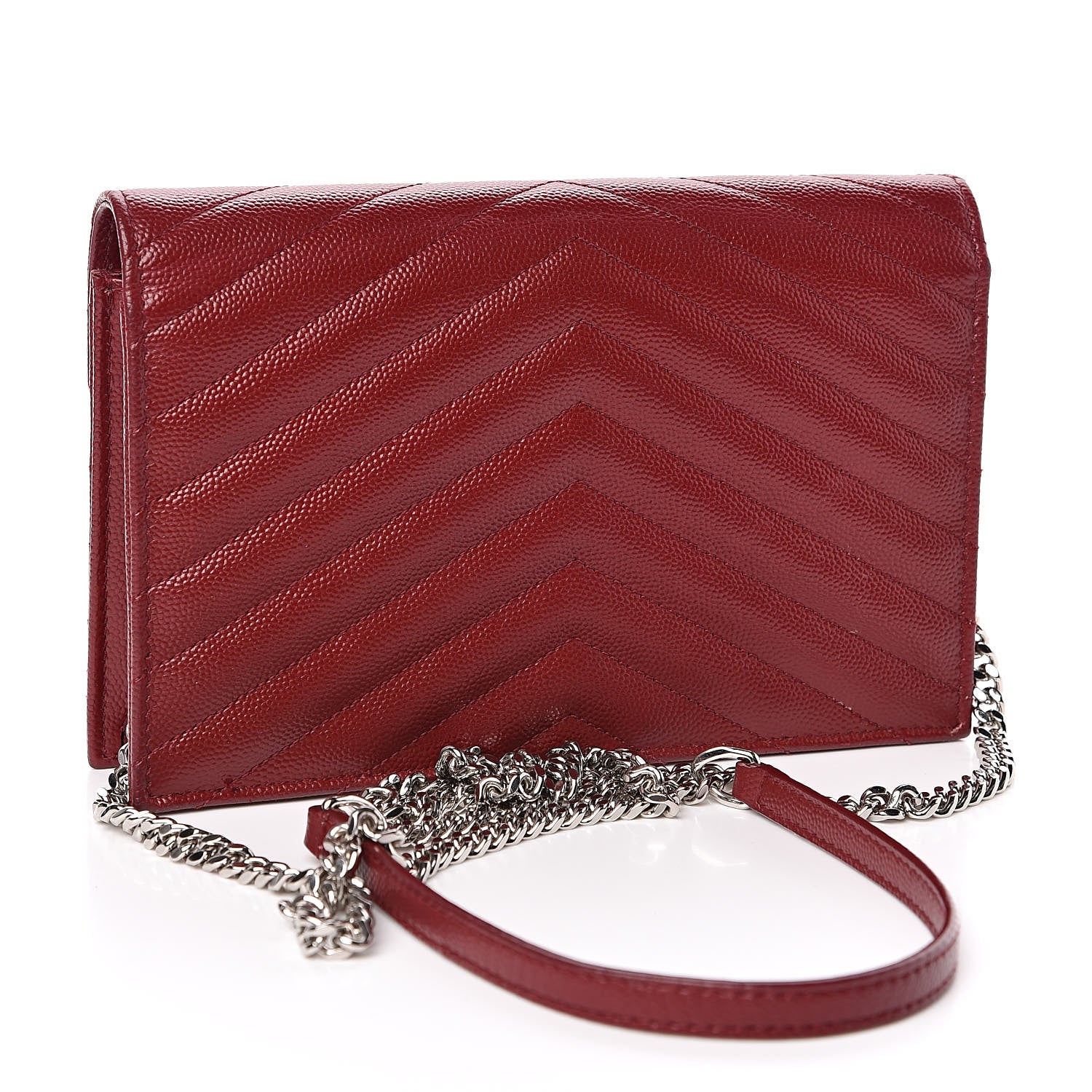 Saint Laurent Grain De Poudre Matelasse Chevron Monogram Envelope Chain Wallet New Red 3 of 11
