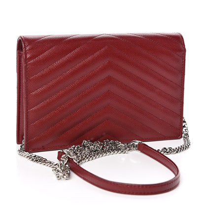 Saint Laurent Grain De Poudre Matelasse Chevron Monogram Envelope Chain Wallet New Red 3 of 11