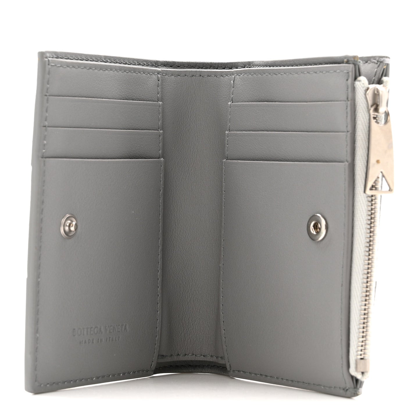 Metallic Patent Calfskin Maxi Intrecciato Small Bi-Fold Zip Wallet Silver