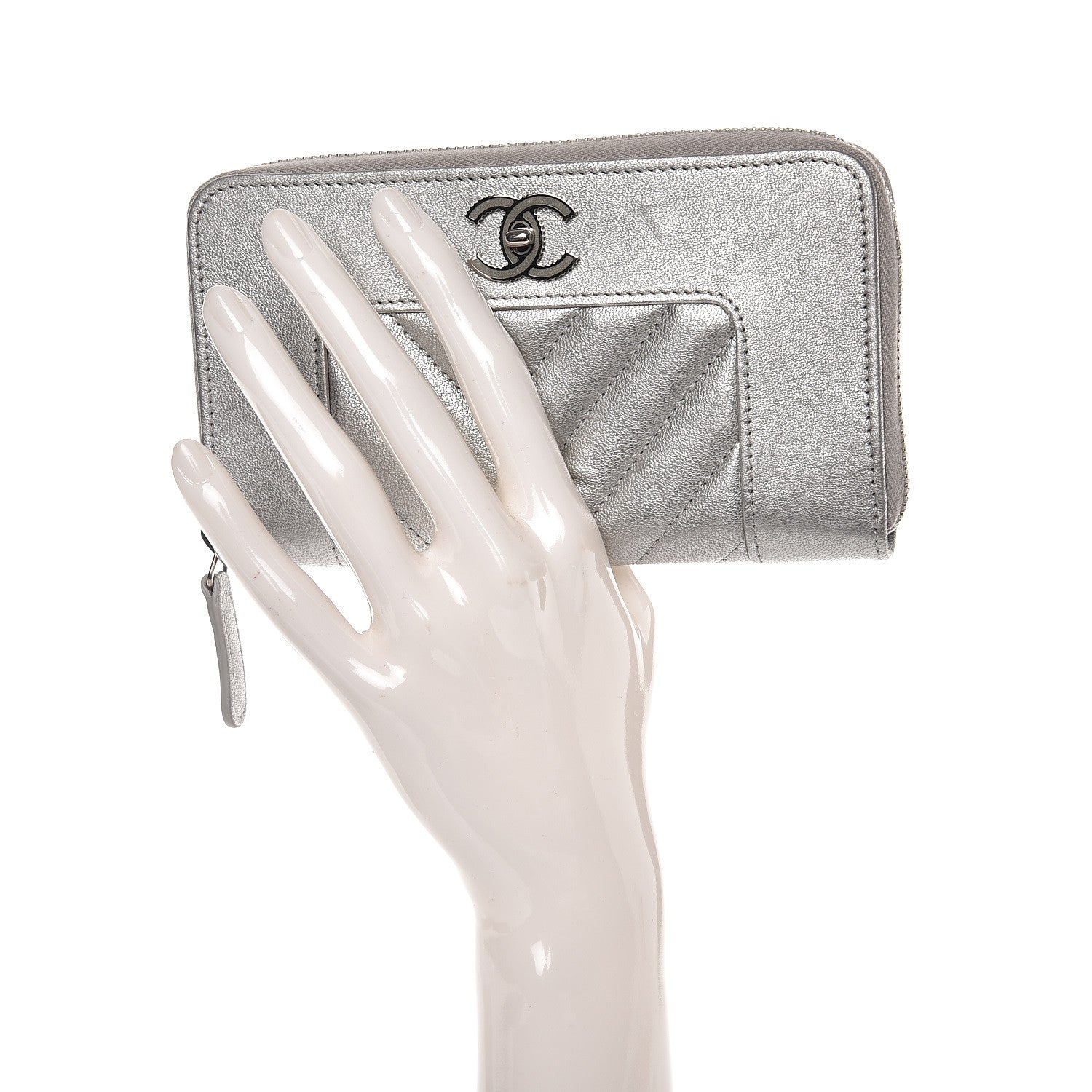 Chanel Metallic Sheepskin Chevron Quilted Medium Mademoiselle Vintage Zip Around Wallet Silver 2 of 9