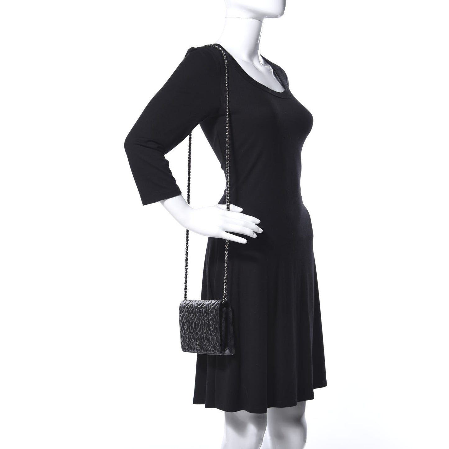 Goatskin Camellia Embossed Wallet on Chain WOC Black