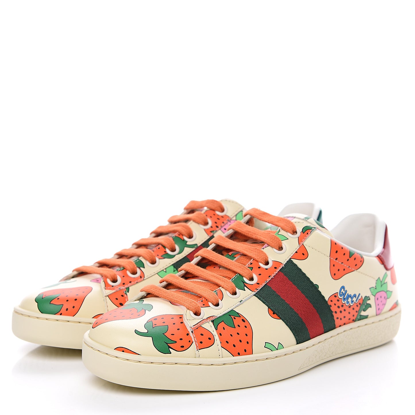 Calfskin Web Strawberry Print Womens Ace Sneakers 37.5 Ivory Red Green