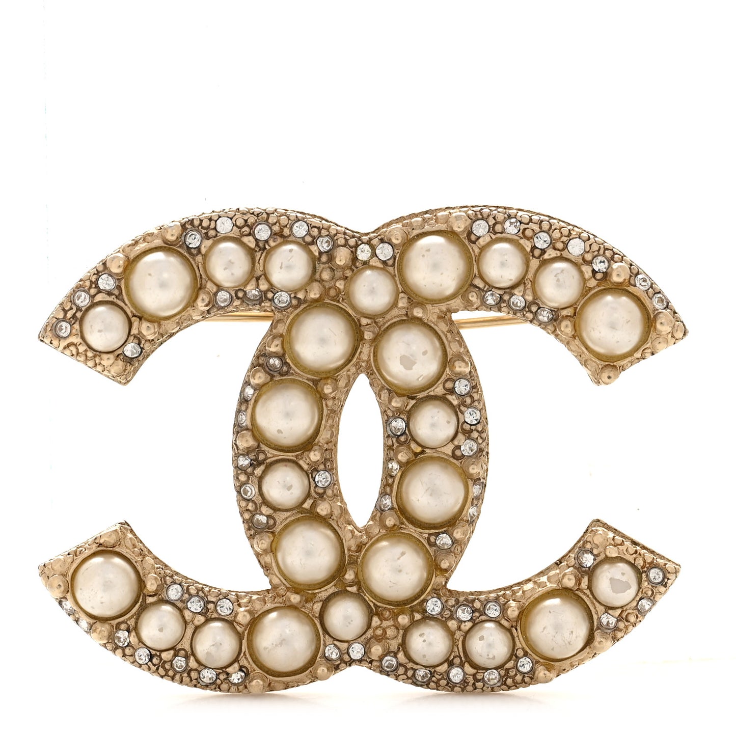 Metal Crystal Graduated Pearl CC Brooch Gold
