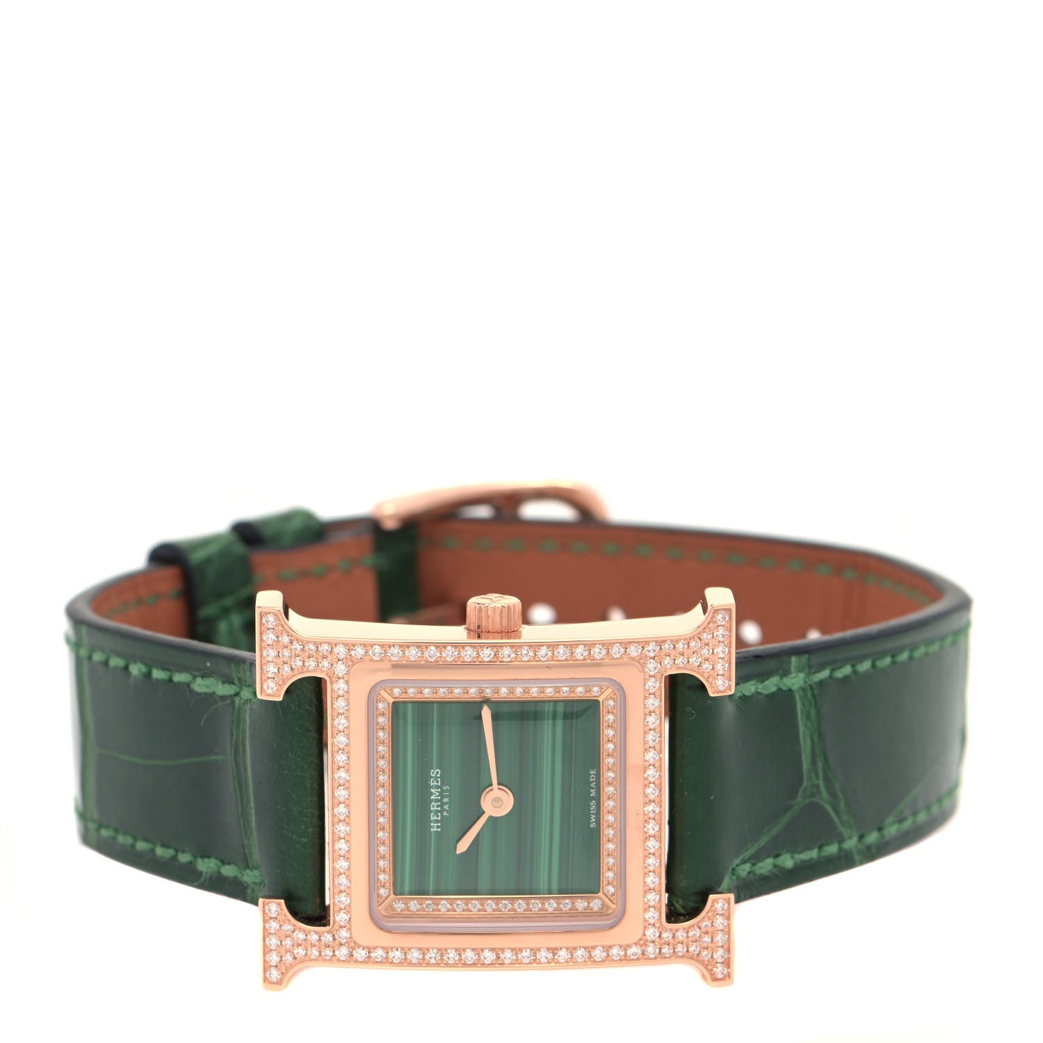 Hermes 18K Rose Gold Alligator Diamond Bezel Malachite 21mm Heure H Hour Quartz Watch Vert Moyen 2 of 5