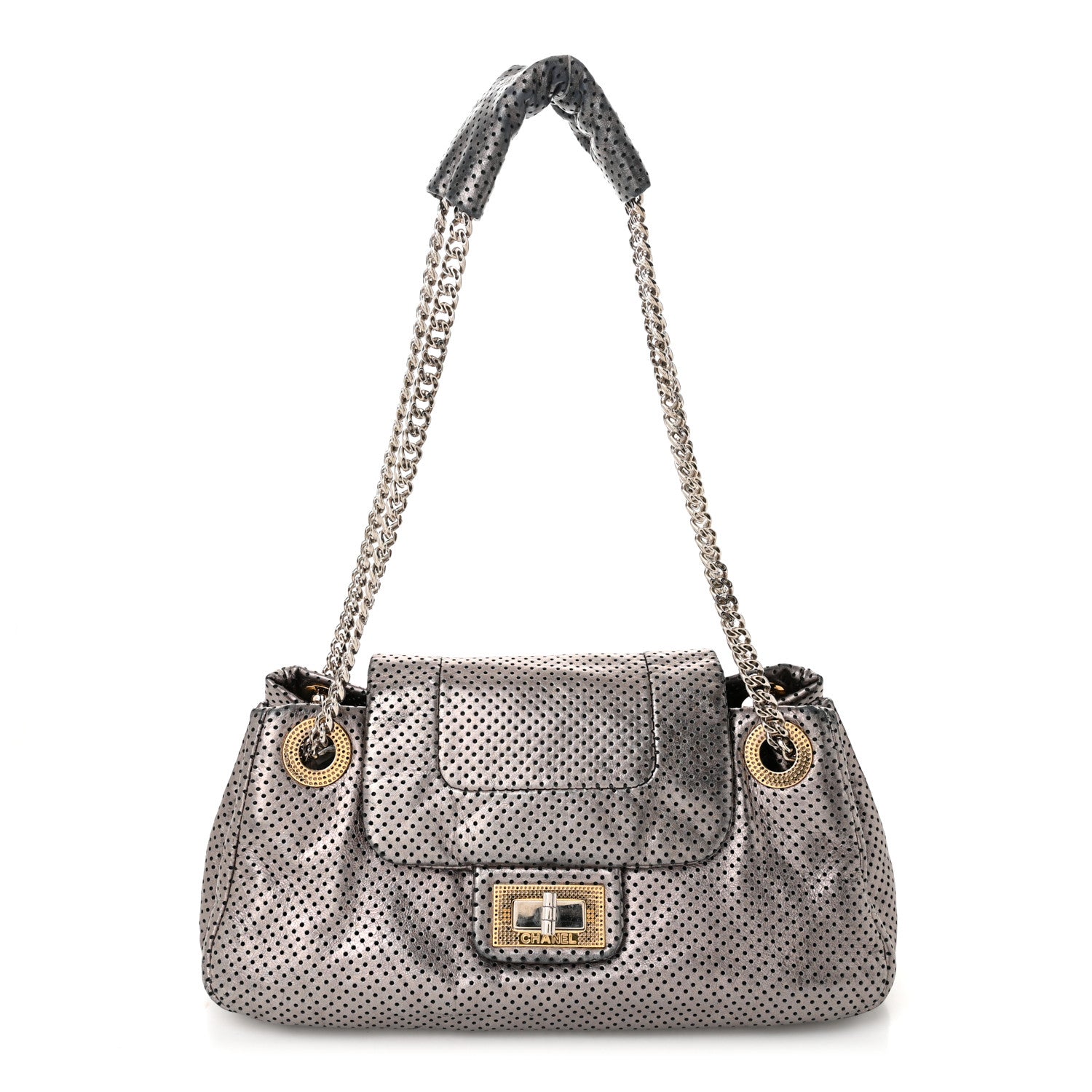 Chanel Metallic Crackled Calfskin Perforated Drill Shoulder Bag Silver 1 of 10
