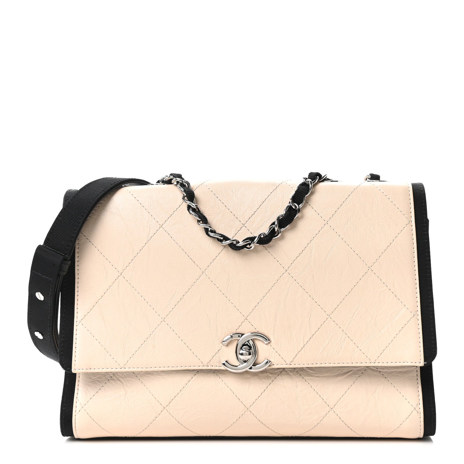 Chanel Aged Calfskin Grosgrain Quilted Chain CC Flap Ivory Black 1 of 10