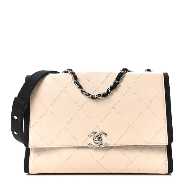 Chanel Aged Calfskin Grosgrain Quilted Chain CC Flap Ivory Black