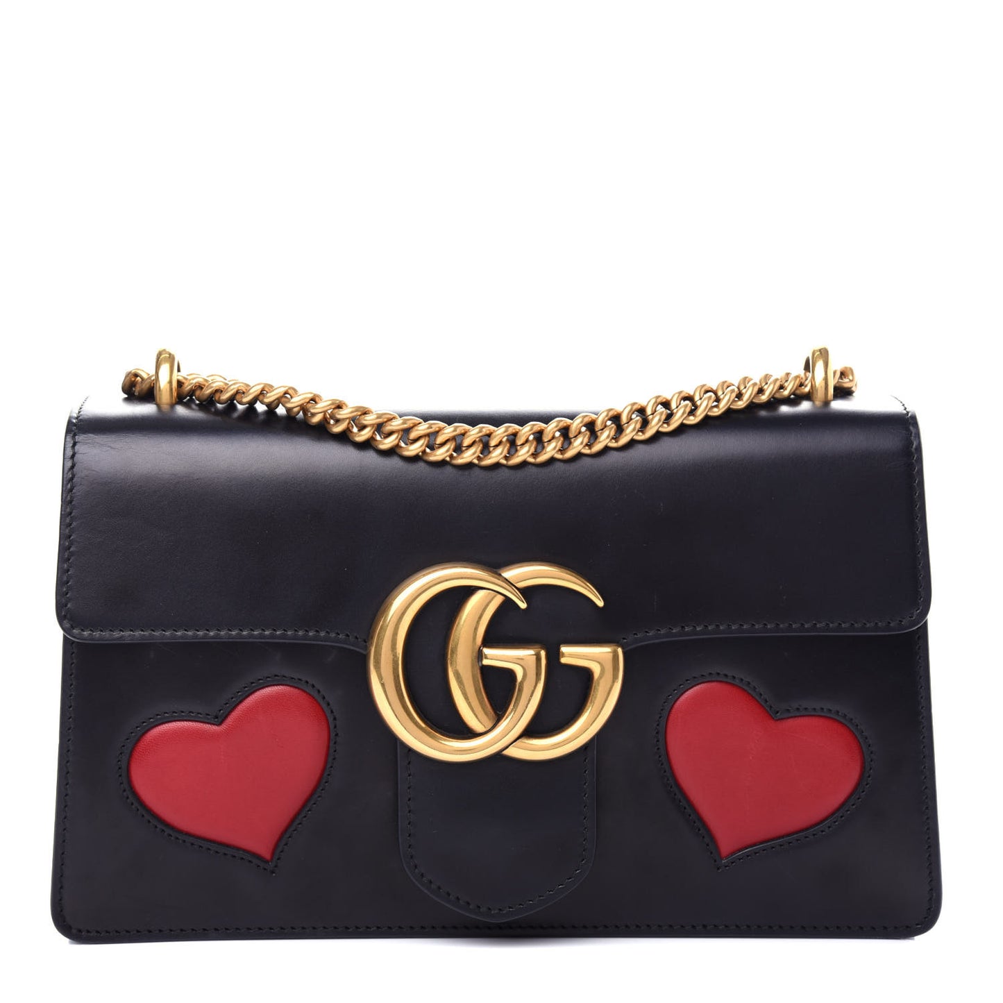 Knight Calfskin Malaga Kid Heart Medium GG Marmont Chain Handle Bag Black Hibiscus Red Multicolor
