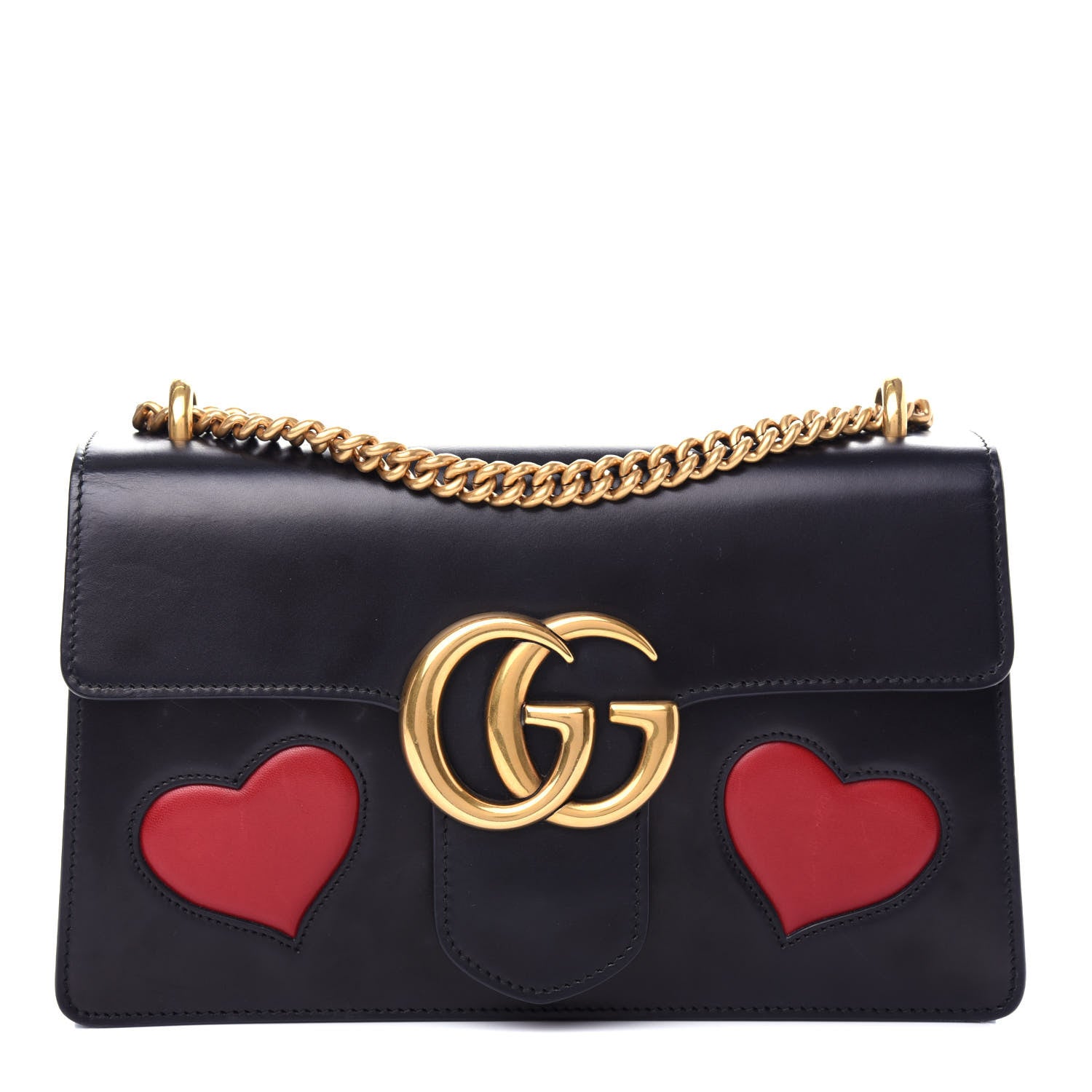 Gucci Knight Calfskin Malaga Kid Heart Medium GG Marmont Chain Handle Bag Black Hibiscus Red Multicolor 1 of 11