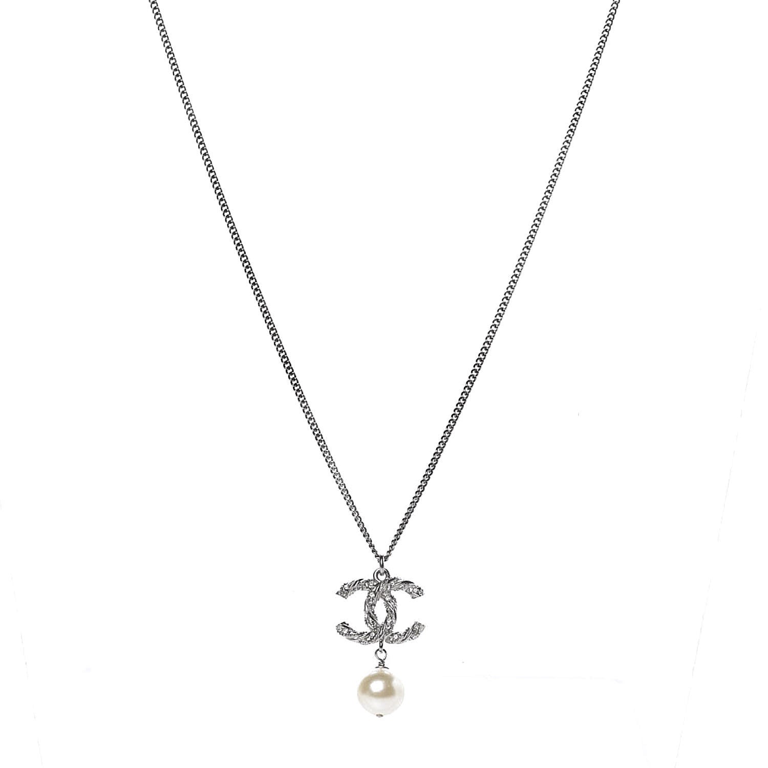 Chanel Pearl Crystal Twisted CC Drop Necklace Silver 1 of 6
