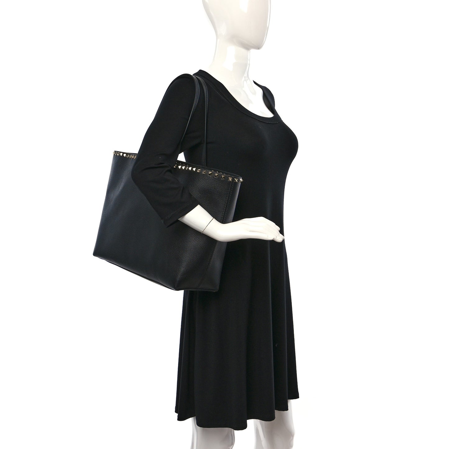 Grained Calfskin Rockstud Shoulder Tote Black