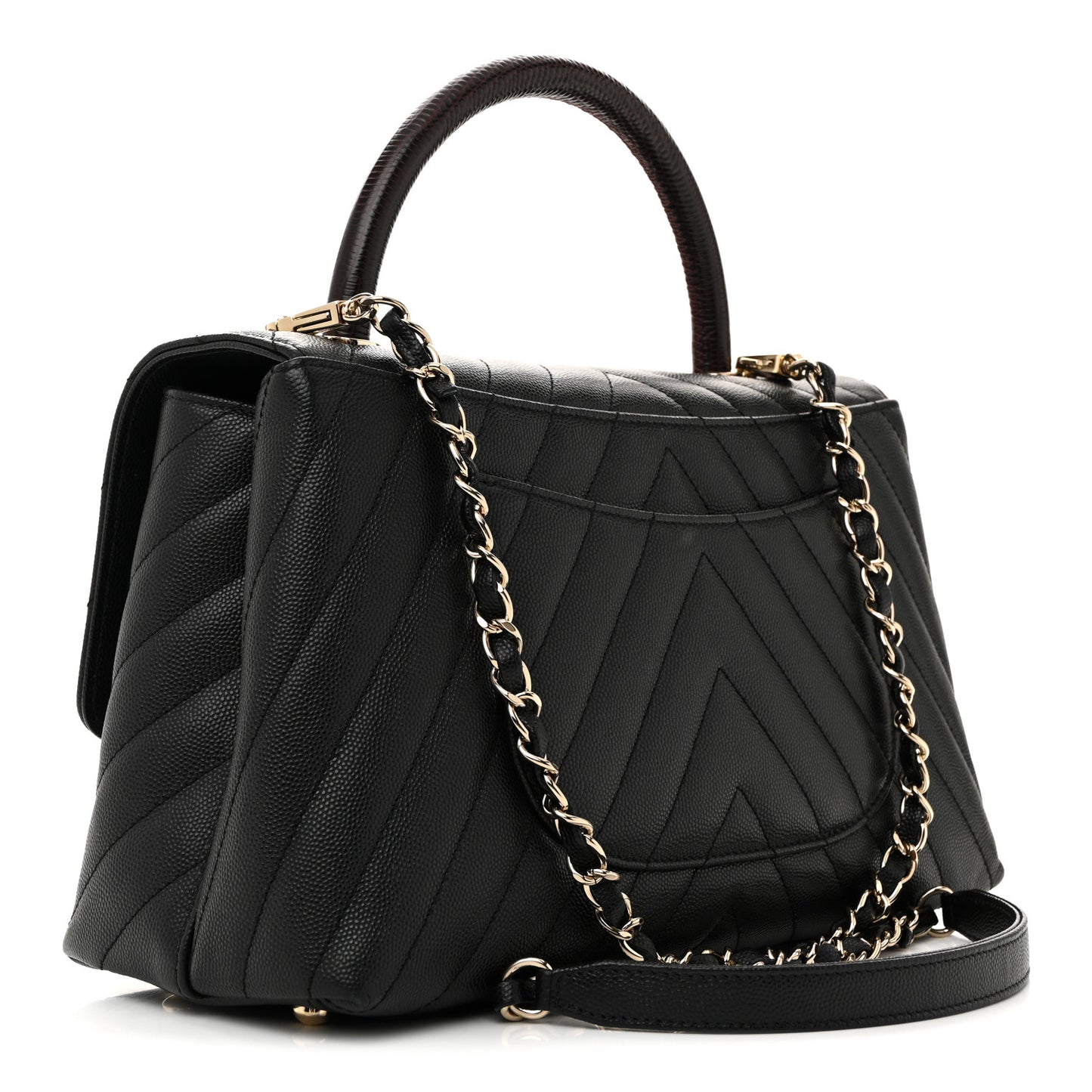 Caviar Lizard Embossed Quilted Chevron Small Coco Handle Flap Black