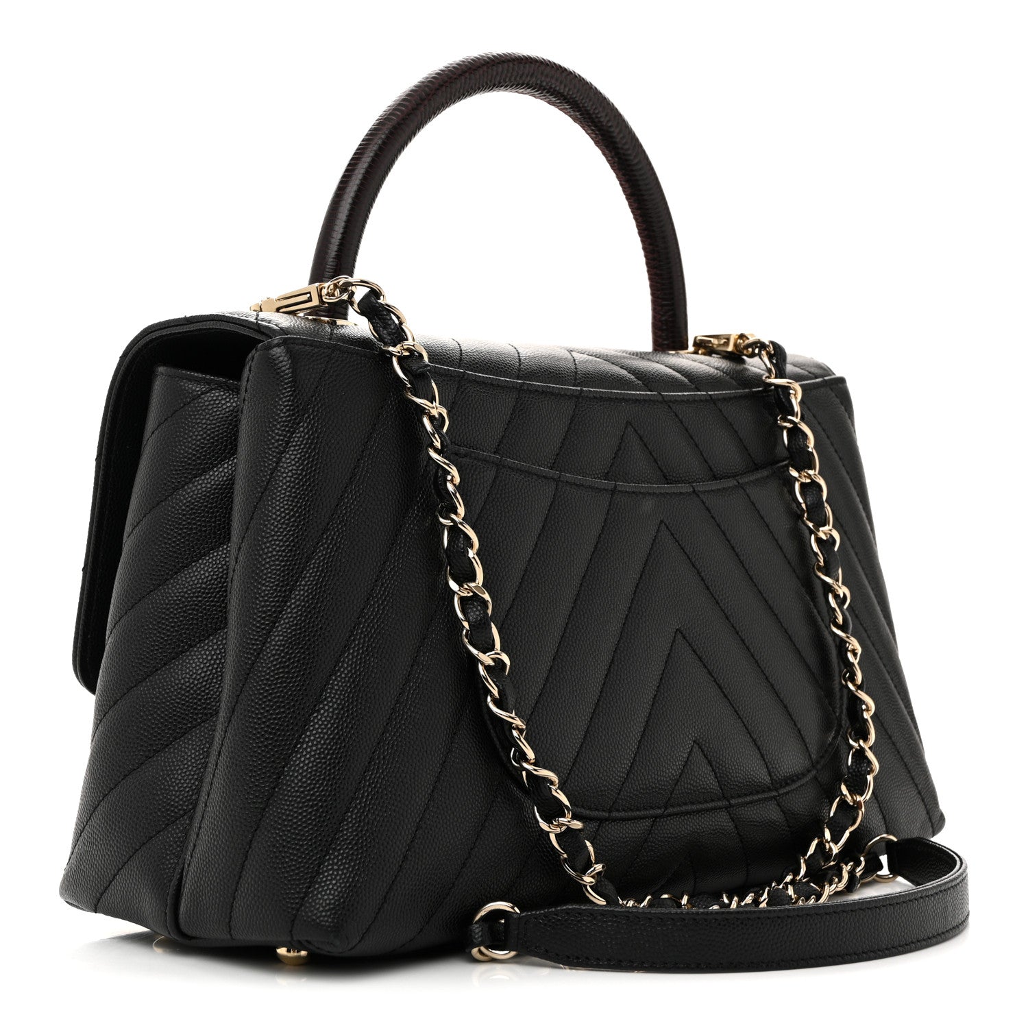Chanel Caviar Lizard Embossed Quilted Chevron Small Coco Handle Flap Black 3 of 12