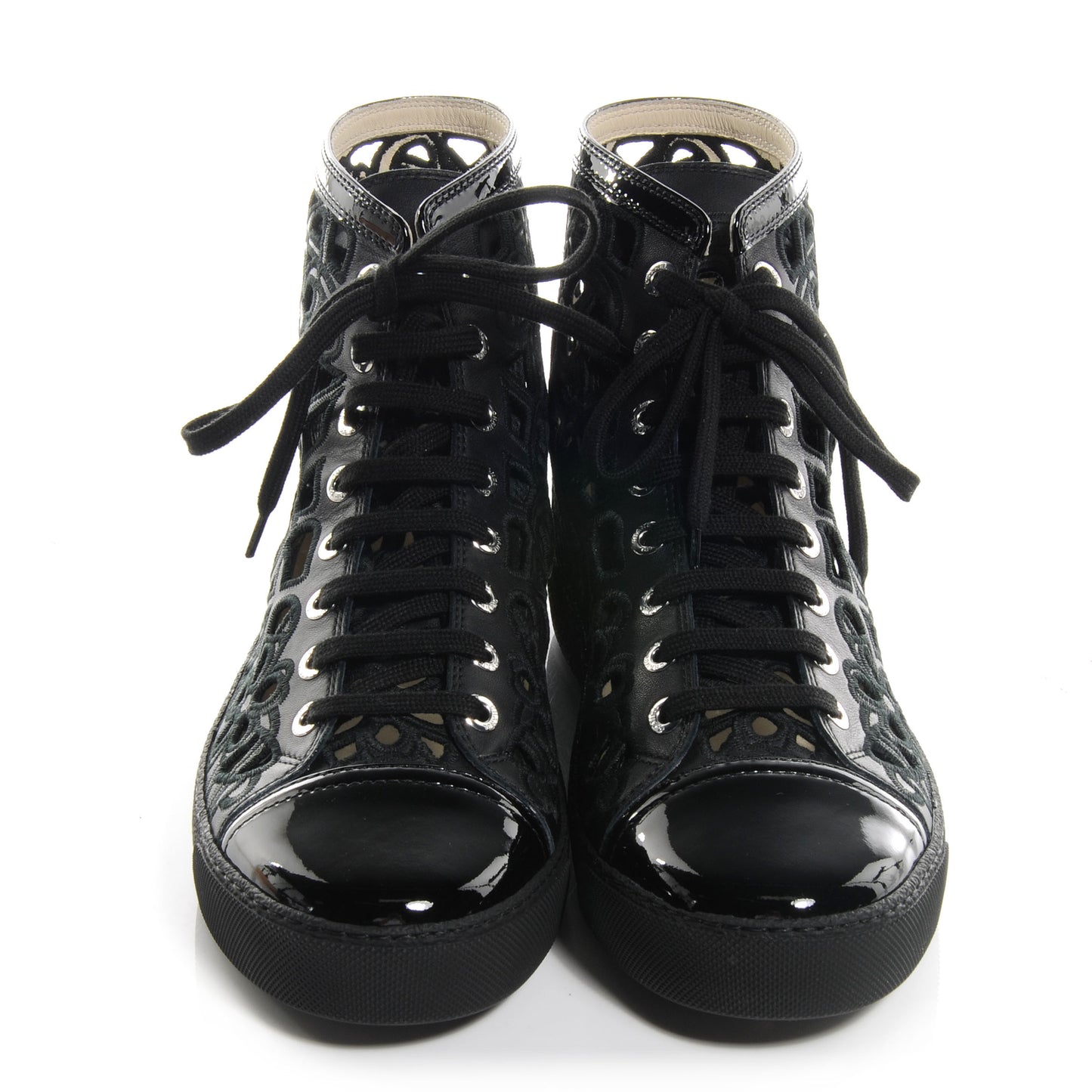 Patent Grained Goatskin Hollow Out Flower Sneakers 39 Black