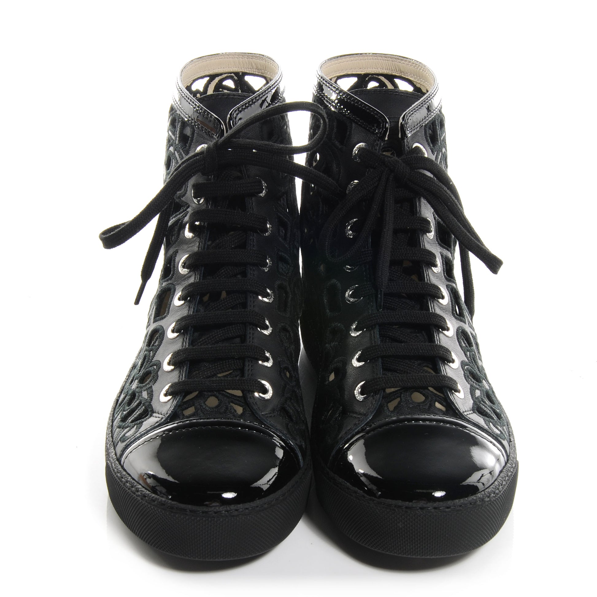 Chanel Patent Grained Goatskin Hollow Out Flower Sneakers 39 Black 2 of 6