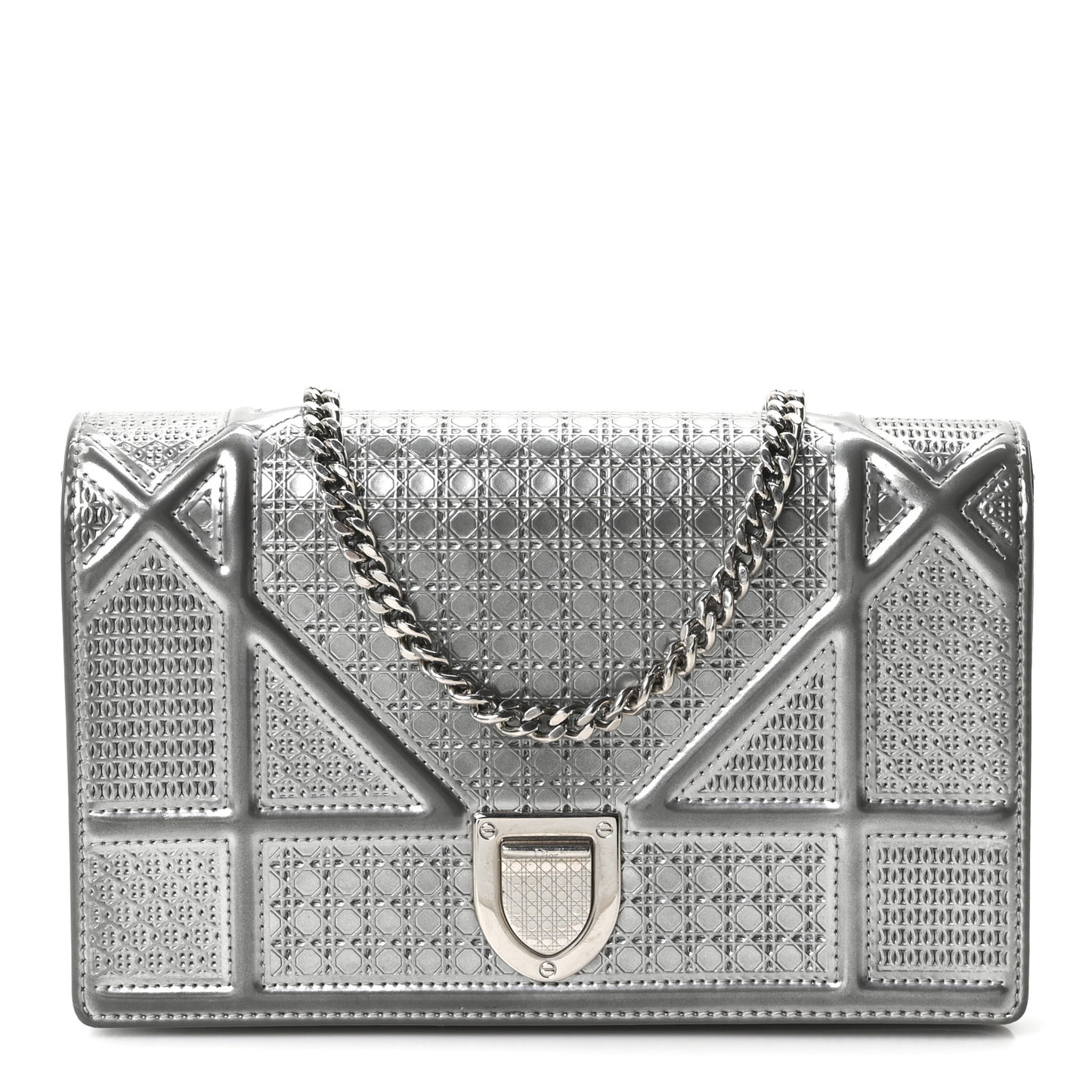 Metallic Patent Micro-Cannage Diorama Wallet on Chain Pouch Silver