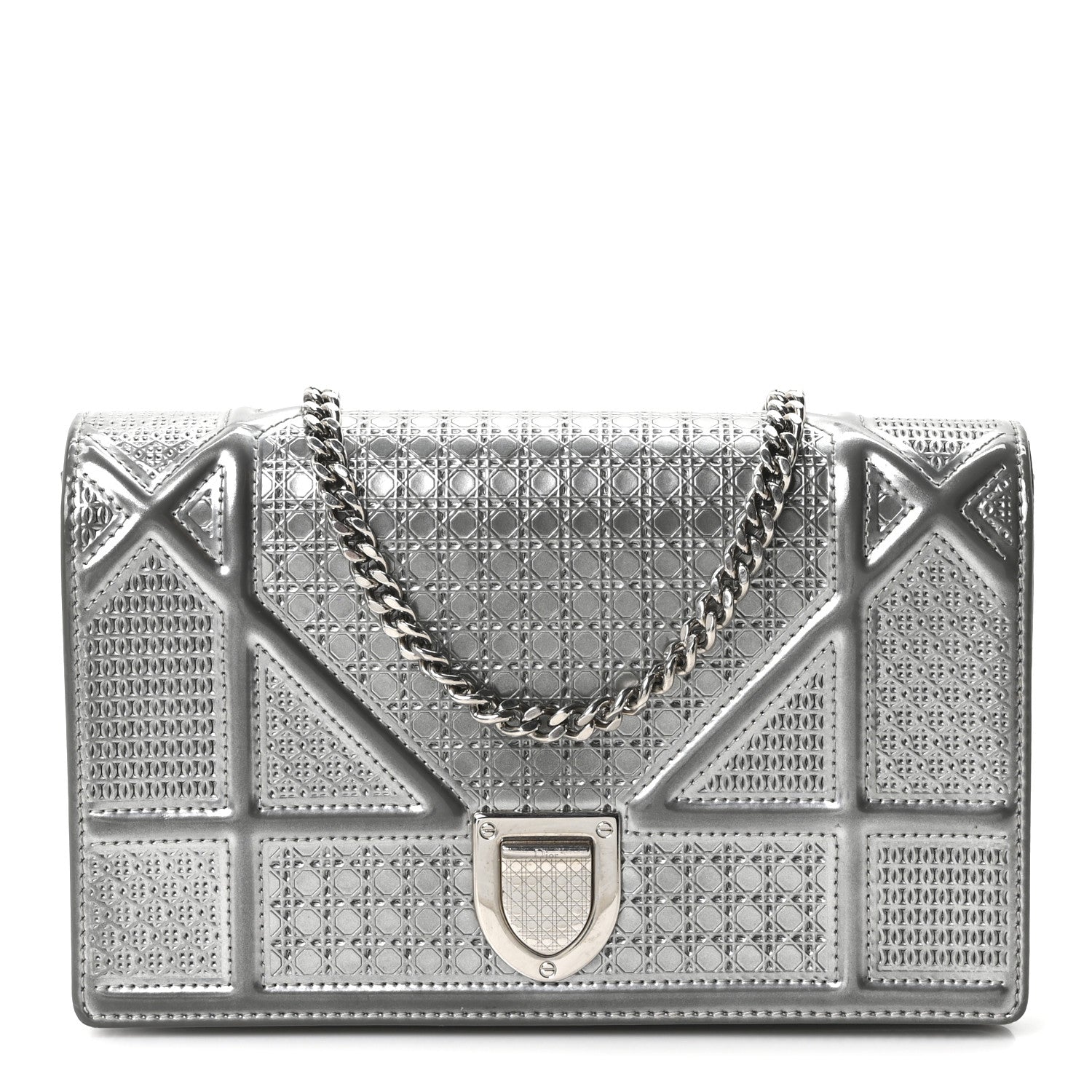 Christian Dior Metallic Patent Micro-Cannage Diorama Wallet on Chain Pouch Silver 1 of 10