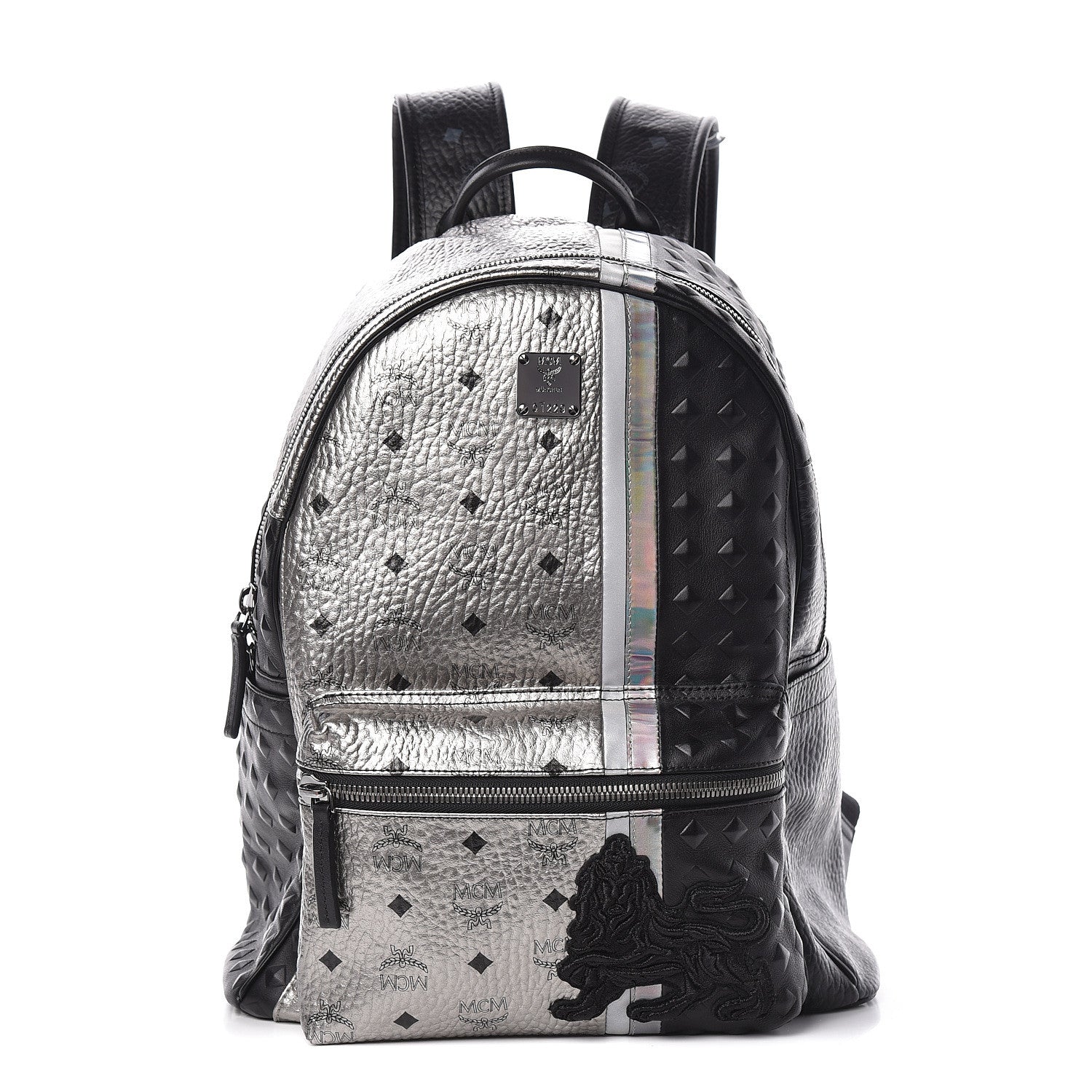 MCM Metallic Visetos Calfskin Medium Studded Munich Lion Stark Backpack Silver Black 1 of 11