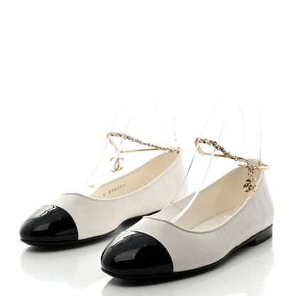 Chanel Lambskin Patent Calfskin Cap Toe Ankle Chain Ballerina Flats 37 White Black 3 of 9