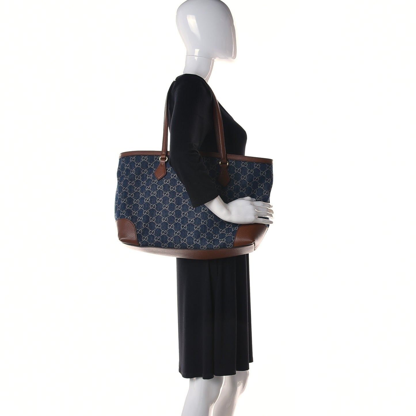 New Denim GG Monogram Medium Ophidia Shopping Tote Blue Tea Cuir