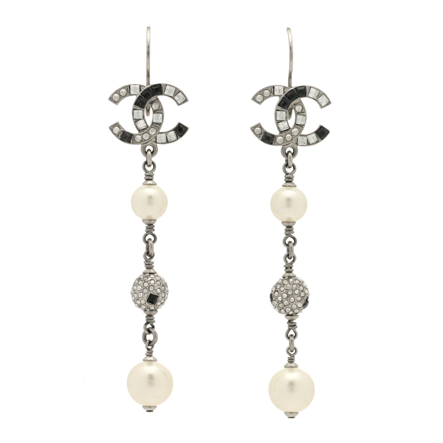 Chanel Crystal Pearl CC Long Drop Earrings Silver Black 1 of 4