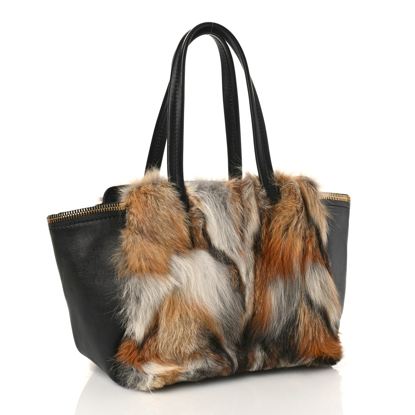 Calfskin Fox Fur Medium Verve Double Zip Tote Black Multicolor