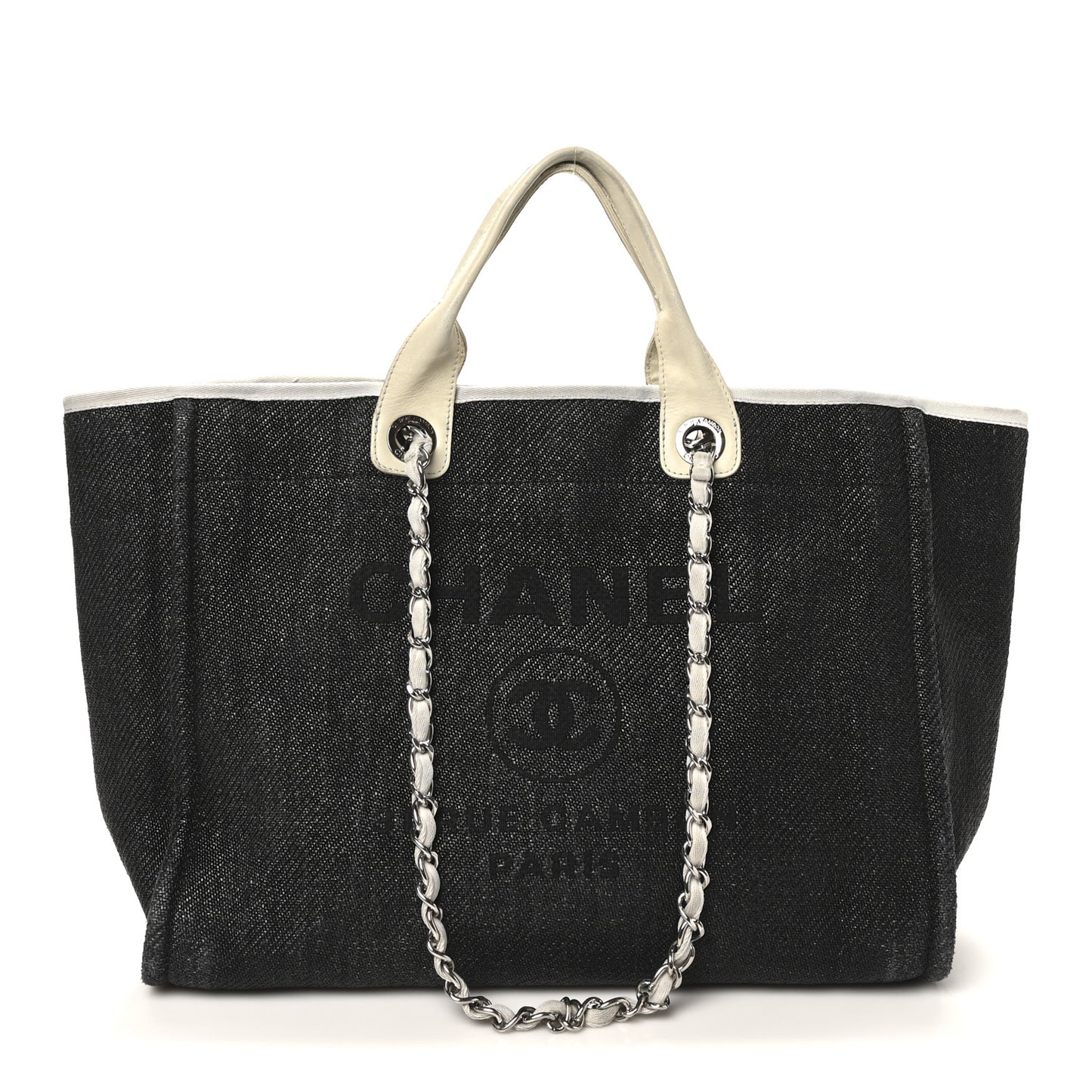 Woven Straw Raffia Large Deauville Tote Black White