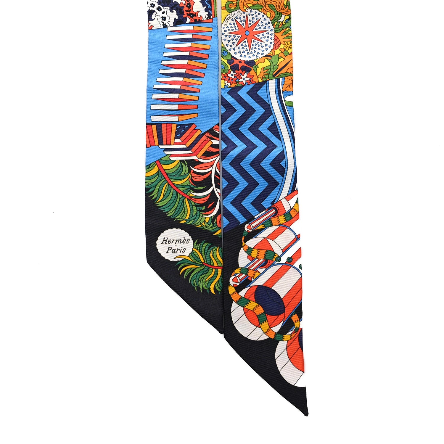 Hermes Silk De l'Ombrelle Aux Duels Sticker Twilly Black Bleu Jaune Vif 2 of 4