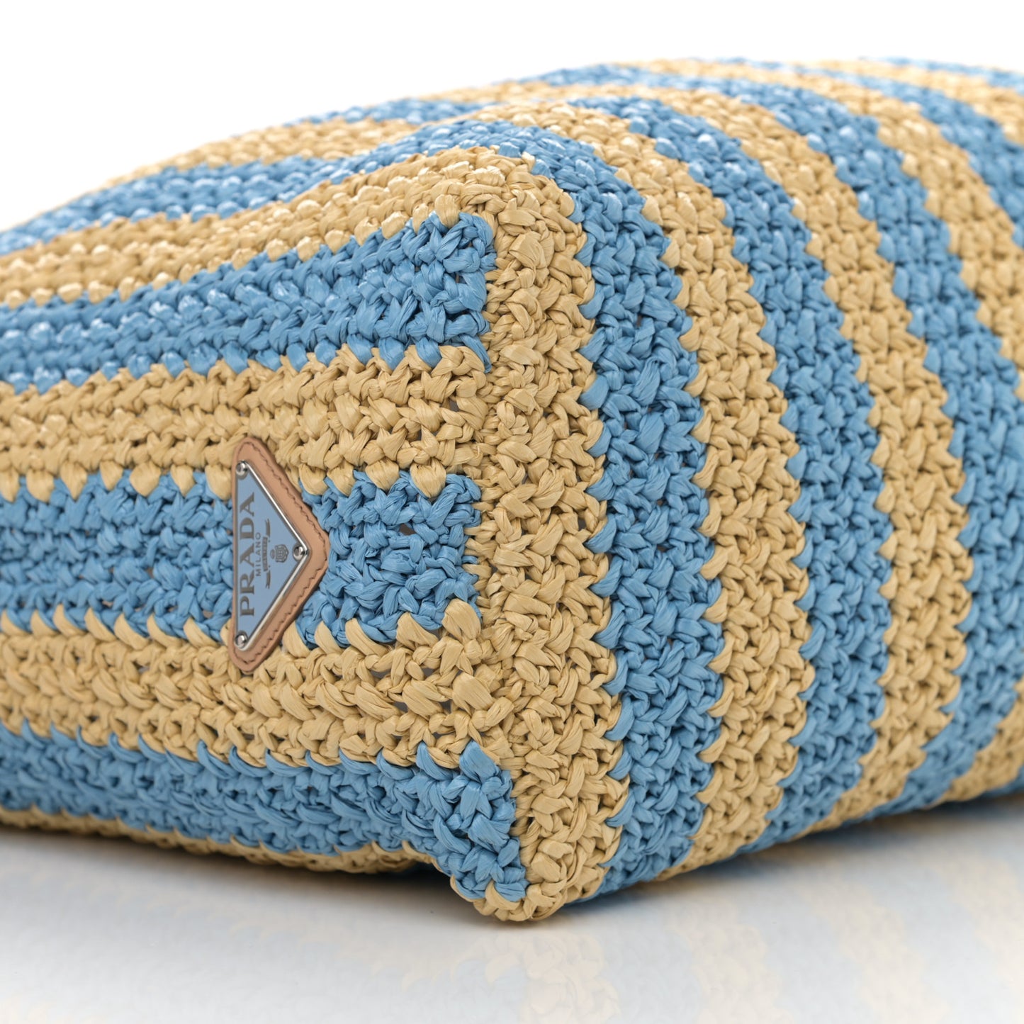 Yarn Raffia Effect Crochet Striped Large Logo Tote Naturale Celeste