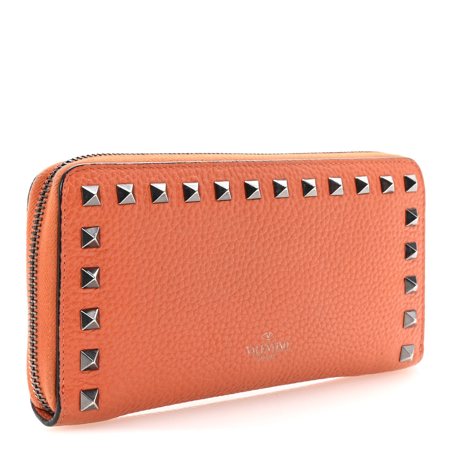 Grained Calfskin Rockstud Zip Around Wallet Orange