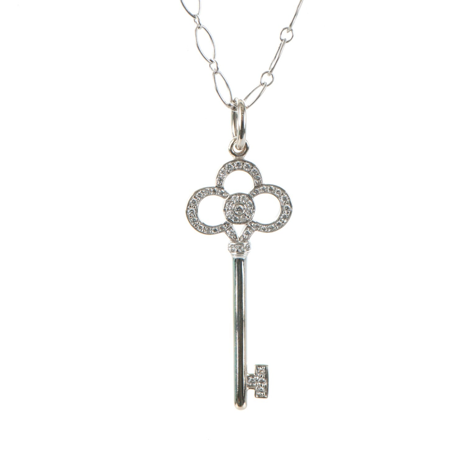 Tiffany 18K White Gold Diamond Crown Key Pendant Necklace 3 of 8