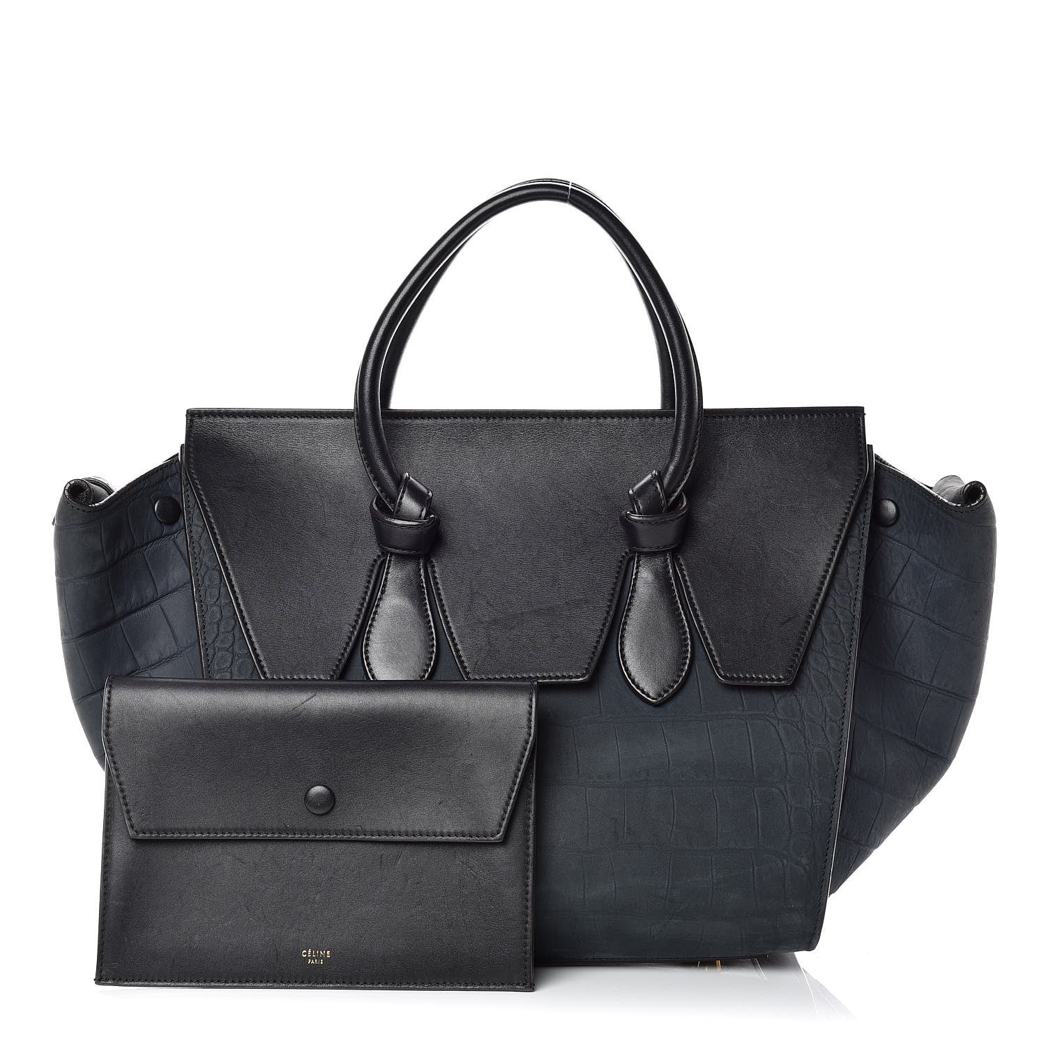 Celine Smooth Calfskin Nubuck Crocodile Embossed Small Tie Knot Tote Navy 1 of 17