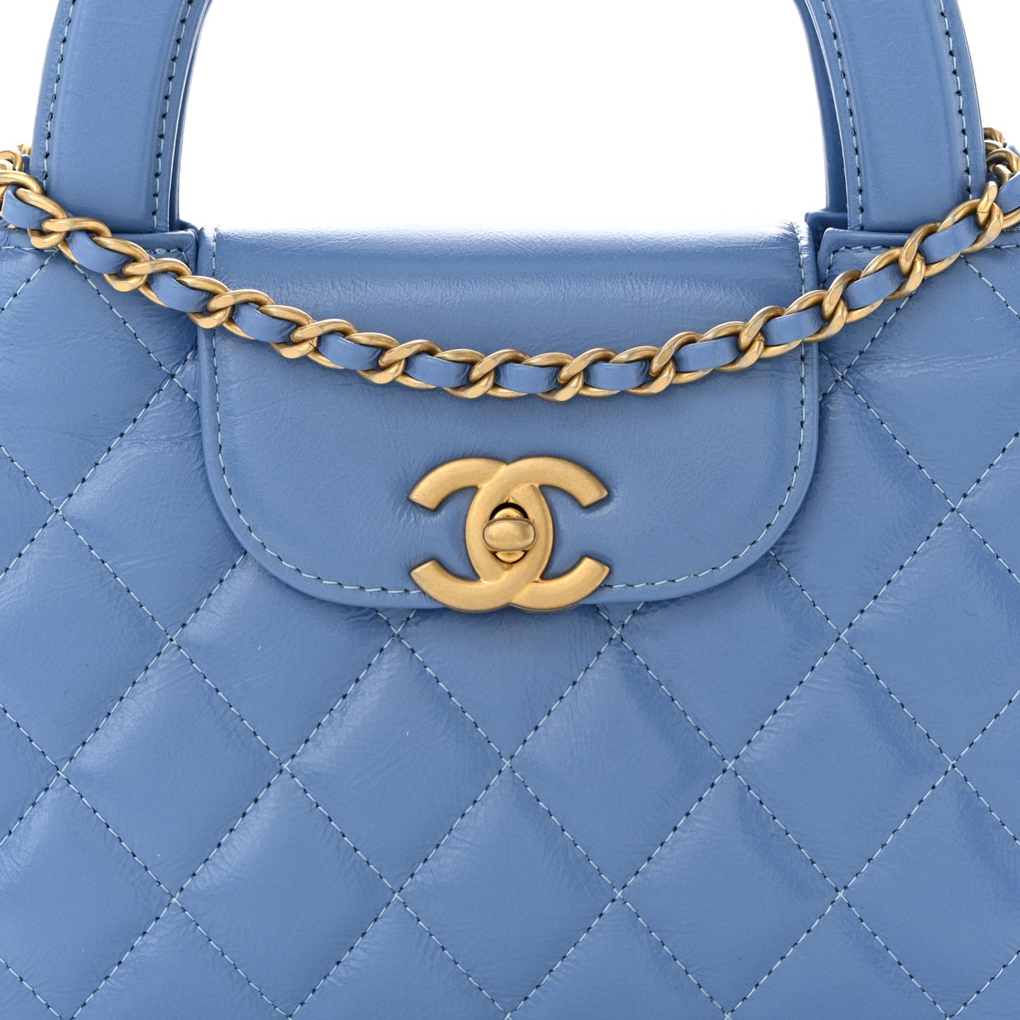 Shiny Aged Calfskin Quilted Nano Kelly Shopper Blue