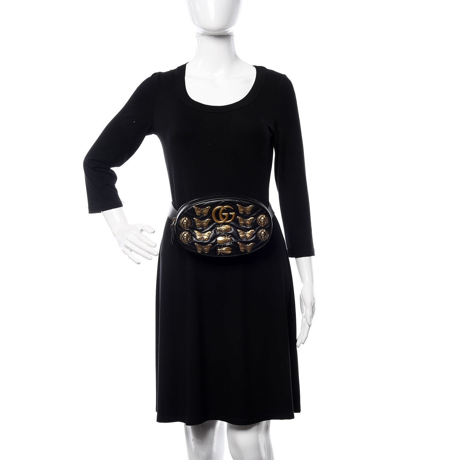 Gucci Calfskin Matelasse Animal Studs GG Marmont Belt Bag 100 40 Black 2 of 11