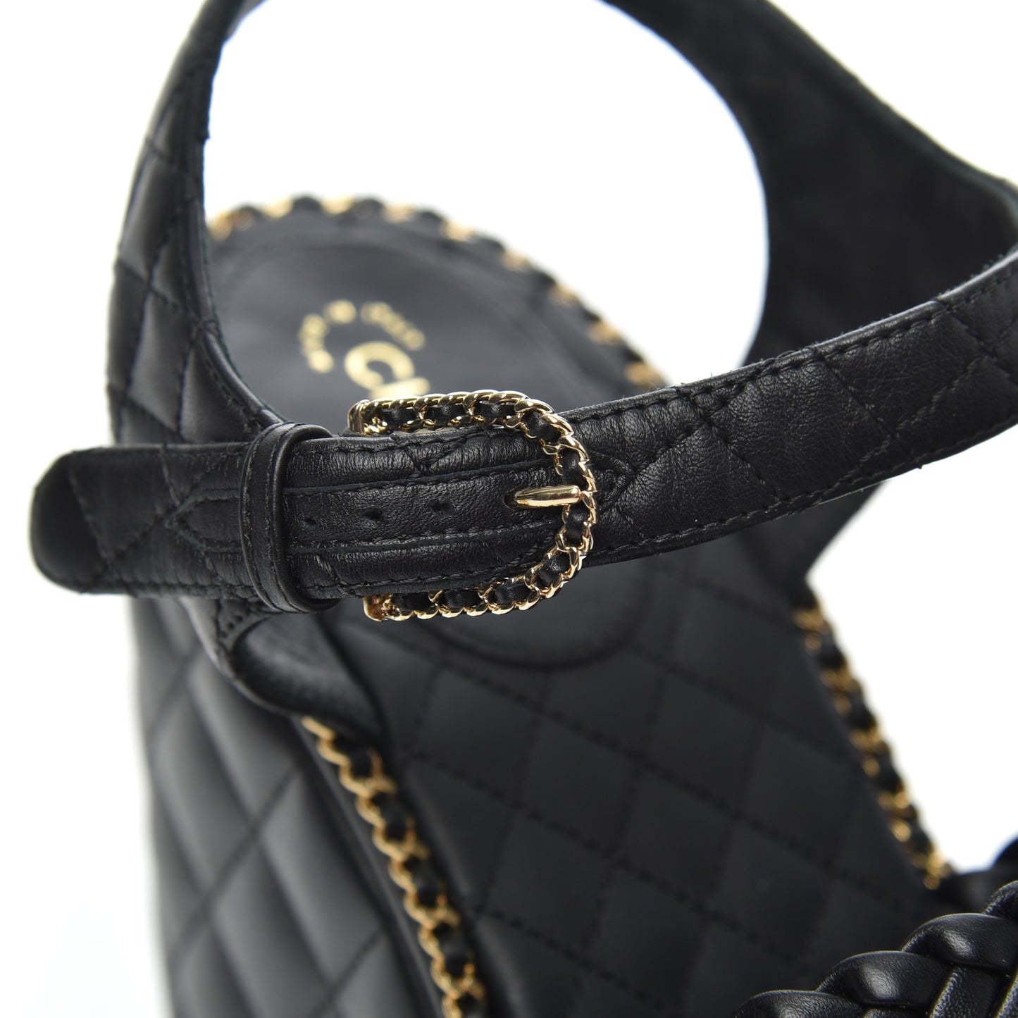 Calfskin Quilted Chain Around Wedge Sandals 39.5 Black