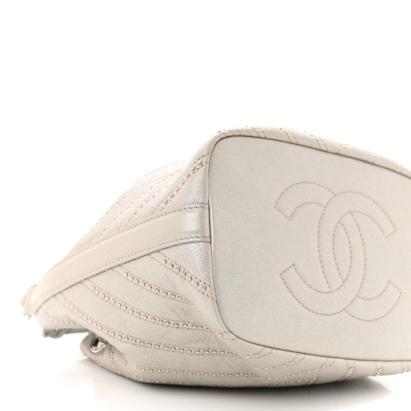 Metallic Calfskin Studded Chevron Quilted Small Stud Wars Drawstring Bag Silver