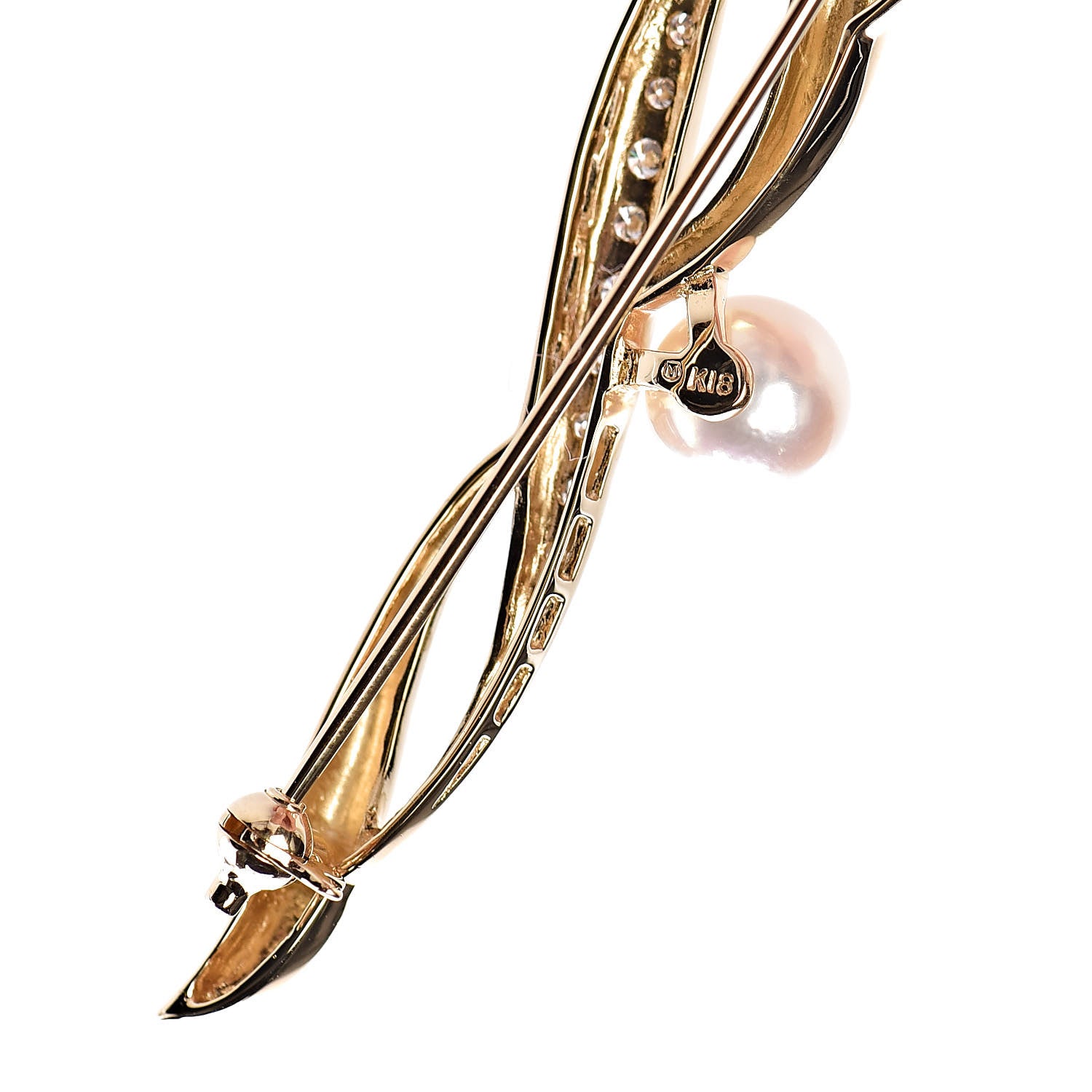 Mikimoto 18K Yellow Gold Diamond Akoya Pearl 7mm Brooch 4 of 4