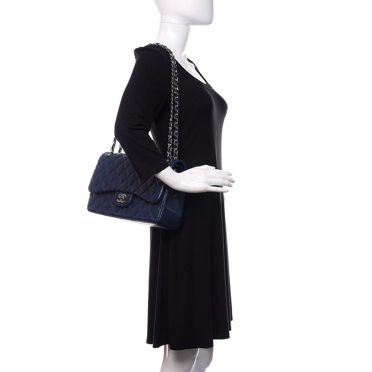 Caviar Quilted Jumbo Double Flap Navy Blue