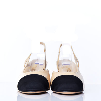 Chanel Goatskin Grosgrain Cap Toe CC Slingback Pumps 35 Beige Black 2 of 9