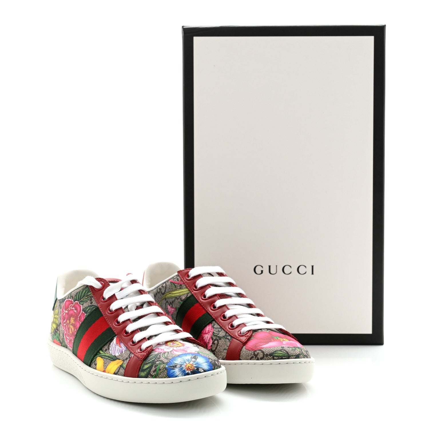 Gucci GG Supreme Monogram Flora Web Womens Ace Sneakers 35 Beige Multicolor Rosso 9 of 9