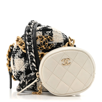 Chanel Wool Tweed Lambskin Quilted Chanel 19 Round Clutch With Chain and Coin Purse Black White 3 of 12