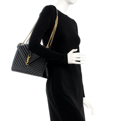Saint Laurent Grain De Poudre Matelasse Chevron Large Monogram Satchel Black 2 of 10